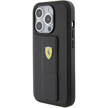 Ferrari Grip Stand metalinis logotipo dėklas skirtas iPhone 15 Pro - juodas