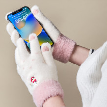 Moteriškos žieminės telefono pirštinės su sniego seneliu ir eglute - baltos ir rožinės spalvos