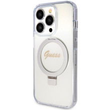 Guess Ring Stand Script Glitter MagSafe dėklas iPhone 15 Pro - skaidrus