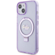 Guess Ring Stand Script Glitter MagSafe dėklas, skirtas iPhone 15 Plus / 14 Plus - violetinė