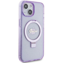 Guess Ring Stand Script Glitter MagSafe dėklas, skirtas iPhone 15 Plus / 14 Plus - violetinė