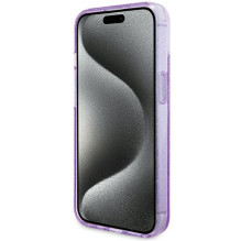Guess Ring Stand Script Glitter MagSafe dėklas, skirtas iPhone 15 Plus / 14 Plus - violetinė