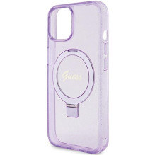 Guess Ring Stand Script Glitter MagSafe dėklas, skirtas iPhone 15 Plus / 14 Plus - violetinė