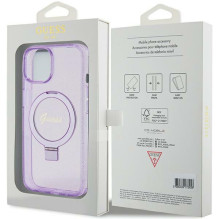 Guess Ring Stand Script Glitter MagSafe dėklas, skirtas iPhone 15 Plus / 14 Plus - violetinė