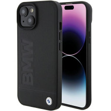 BMW Leather Hot Stamp dėklas iPhone 15 Plus - juodas BMW Leather Hot Stamp dėklas iPhone 15 Plus - juodas