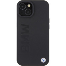 BMW Leather Hot Stamp dėklas iPhone 15 Plus - juodas BMW Leather Hot Stamp dėklas iPhone 15 Plus - juodas