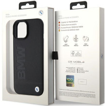 BMW Leather Hot Stamp dėklas iPhone 15 Plus - juodas BMW Leather Hot Stamp dėklas iPhone 15 Plus - juodas
