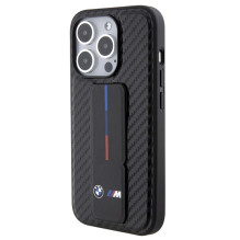 BMW Grip Stand Smooth Carbon dėklas iPhone 15 Pro - juodas