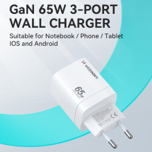 „Wozinsky CGWCW 65W GaN“ sieninis įkroviklis USB-A / 2 x USB-C – baltas