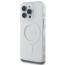 Guess IML Glitter Circle MagSafe dėklas, skirtas iPhone 16 Pro Max – skaidrus