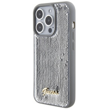 Guess Sequin Script Metalinis dėklas iPhone 15 Pro - sidabrinis