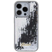 Guess Sequin Script Metalinis dėklas iPhone 15 Pro - sidabrinis