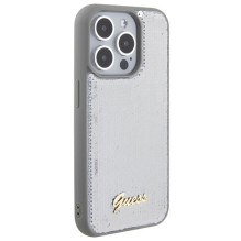 Guess Sequin Script Metalinis dėklas iPhone 15 Pro - sidabrinis