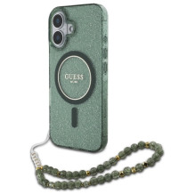 Guess IML Glitter With Pearl Strap MagSafe dėklas, skirtas iPhone 16 Plus - žalias