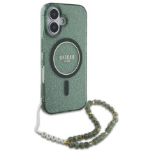 Guess IML Glitter With Pearl Strap MagSafe dėklas, skirtas iPhone 16 Plus - žalias