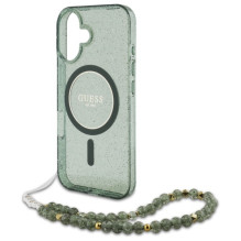 Guess IML Glitter With Pearl Strap MagSafe dėklas, skirtas iPhone 16 Plus - žalias