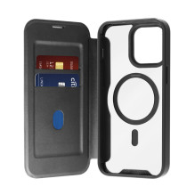 Puro Book Mag MagSafe odinis dėklas su atvartu ir kortelės lizdu, skirtas iPhone 16 Pro Max – juodas