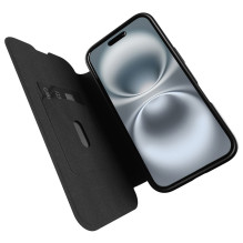 Puro Book Mag MagSafe odinis dėklas su atvartu ir kortelės lizdu, skirtas iPhone 16 – juodas