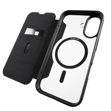 Puro Book Mag MagSafe odinis dėklas su atvartu ir kortelės lizdu, skirtas iPhone 16 – juodas