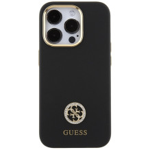 Guess Silicone Logo Strass 4G dėklas, skirtas iPhone 15 Pro – juodas