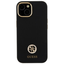 Guess Silicone Logo Strass 4G dėklas, skirtas iPhone 15 – juodas