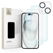 Tech-Protect Supreme rinkinys, skirtas iPhone 15 2x grūdintas stiklas ekranui / grūdintas stiklas fotoaparatui