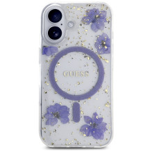 Guess Resin Flowers Glitter MagSafe dėklas iPhone 16 - violetinis
