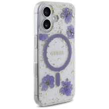 Guess Resin Flowers Glitter MagSafe dėklas iPhone 16 - violetinis