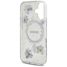 Guess Resin Flowers Glitter MagSafe dėklas iPhone 16 - violetinis