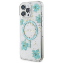 Guess Resin Flowers Glitter MagSafe iPhone 16 Pro dėklas – skaidriai žalias