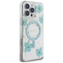Guess Resin Flowers Glitter MagSafe iPhone 16 Pro dėklas – skaidriai žalias