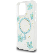 Guess Resin Flowers Glitter MagSafe iPhone 16 Pro dėklas – skaidriai žalias