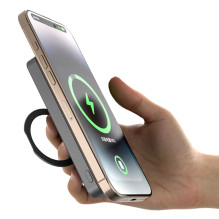 „Dudao K28“ 10000mAh PD 22,5 W „MagSafe“ išorinė baterija su metaliniu dėklu ir žiediniu stovu – sidabrinė