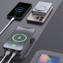 „Dudao K28“ 10000mAh PD 22,5 W „MagSafe“ išorinė baterija su metaliniu dėklu ir žiediniu stovu – sidabrinė