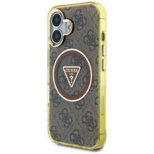 Guess IML Metal Glitter 4G Circle Triangle MagSafe dėklas, skirtas iPhone 16 – rudas
