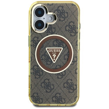 Guess IML Metal Glitter 4G Circle Triangle MagSafe dėklas, skirtas iPhone 16 – rudas