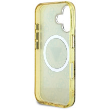 Guess IML Metal Glitter 4G Circle Triangle MagSafe dėklas, skirtas iPhone 16 – rudas