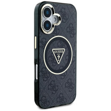 Guess IML Metal Glitter 4G Circle Triangle MagSafe dėklas, skirtas iPhone 16 – juodas