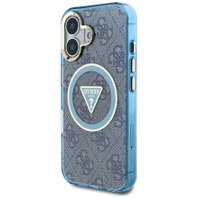 Guess IML Metal Glitter 4G Circle Triangle MagSafe dėklas, skirtas iPhone 16 – mėlynas