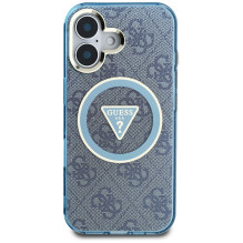Guess IML Metal Glitter 4G Circle Triangle MagSafe dėklas, skirtas iPhone 16 – mėlynas
