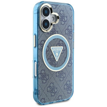 Guess IML Metal Glitter 4G Circle Triangle MagSafe dėklas, skirtas iPhone 16 – mėlynas