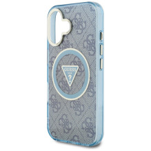 Guess IML Metal Glitter 4G Circle Triangle MagSafe dėklas, skirtas iPhone 16 – mėlynas