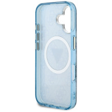 Guess IML Metal Glitter 4G Circle Triangle MagSafe dėklas, skirtas iPhone 16 – mėlynas