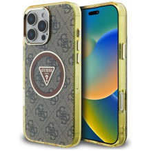 Guess IML Metal Glitter 4G Circle Triangle MagSafe dėklas, skirtas iPhone 16 Pro – rudas