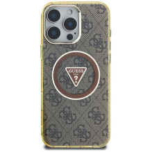 Guess IML Metal Glitter 4G Circle Triangle MagSafe dėklas, skirtas iPhone 16 Pro – rudas