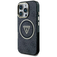 Guess IML Metal Glitter 4G Circle Triangle MagSafe dėklas, skirtas iPhone 16 Pro – juodas