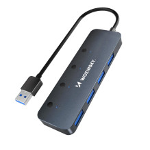 USB-A šakotuvas Wozinsky WHS080YSS 4 x USB-A 3.0 su atskirais jungikliais, aliuminis, su 30 cm laidu - pilkas