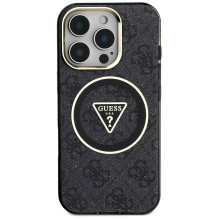 Guess IML Metal Glitter 4G Circle Triangle MagSafe dėklas, skirtas iPhone 16 Pro – juodas