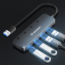 USB-A šakotuvas Wozinsky WHS080YSS 4 x USB-A 3.0 su atskirais jungikliais, aliuminis, su 30 cm laidu - pilkas