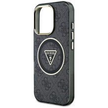 Guess IML Metal Glitter 4G Circle Triangle MagSafe dėklas, skirtas iPhone 16 Pro – juodas